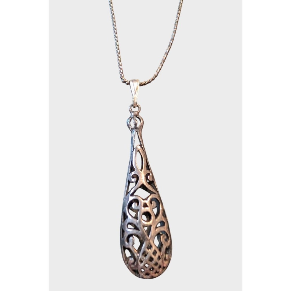 Vintage Silver Teardrop Necklace Filigree Openwork Scroll Pendant 18 Inch Chain